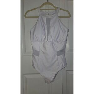 DACI Womens White Halter One Piece Swimsuit Mesh Panel Cutout XL New